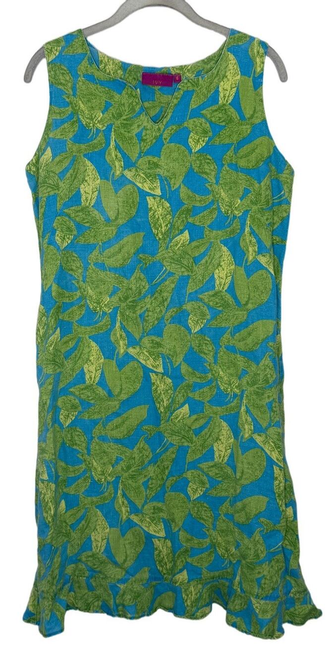 Ivy Women’s Vintage 100% Linen Blue Green Floral Sleeveless Sheath Dress Size 6